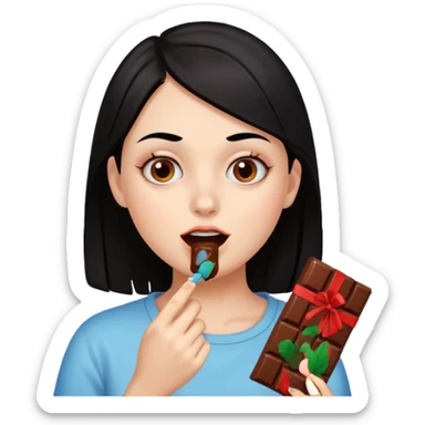 Weird Girl with black hair eating chocolate sticker