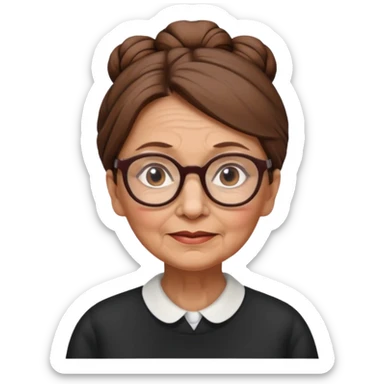 Old woman with brown hair with just one bun and glasses, white European sticker