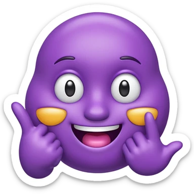 "A glossy 3D purple emoji character with shiny, reflective surface, puffed cheeks as if holding in laughter, eyes squinting mischievously, white cartoon hands — one covering its mouth and the other pointing upward with the index finger. Cute, exaggerated facial expression, smooth rounded shape,  sticker