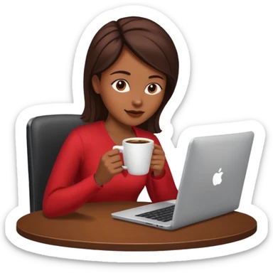 mujer tomando cafe y con un computador sentada en una mesa  sticker