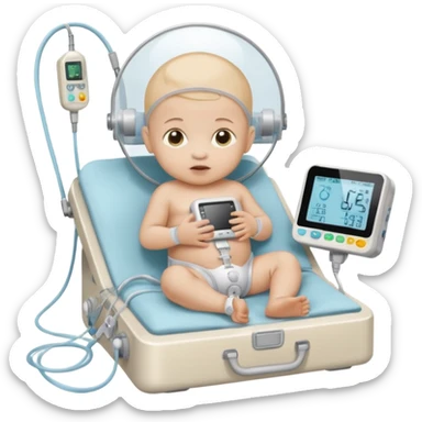NICU tiny microprem baby in isolette with monitoring attached. sticker