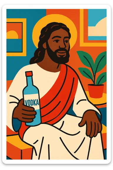 Black Jesus with a vodka bottle, casual setting, tasteful and artistic, vibrant colors, contemporary art style sticker