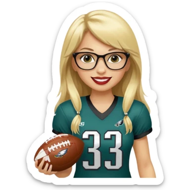 full length women wearing eagles uniform, long blonde hair, even bangs, black glasses, holding football, number 33, smiling, lipstick sticker