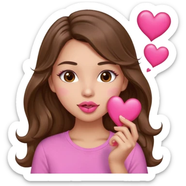 girl with long wavy brown hair, brown eyes, light to medium complexion, in a pink shirt, pink lips, long lashes, puckering up for a kiss, kiss lips and hearts in hand sticker
