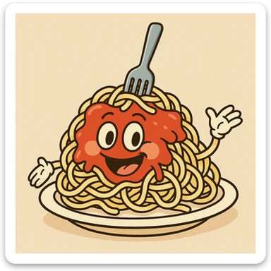 spaghetti pasta, cartoon style, playful, bright colors, smiling face, fun food character sticker