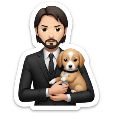 John Wick inspired character, holding a puppy, black suit, serious face sticker