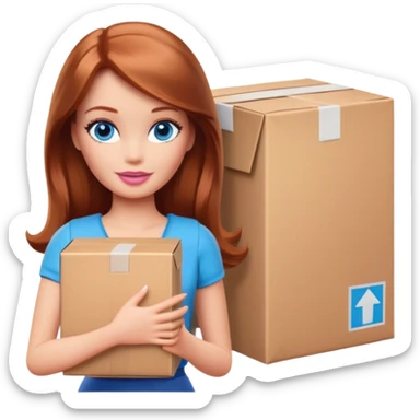 Barbie with shoulder-length reddish-brown hair , blue eyes with makeup , wearing a brown longleaf , stands with a parcel box sticker