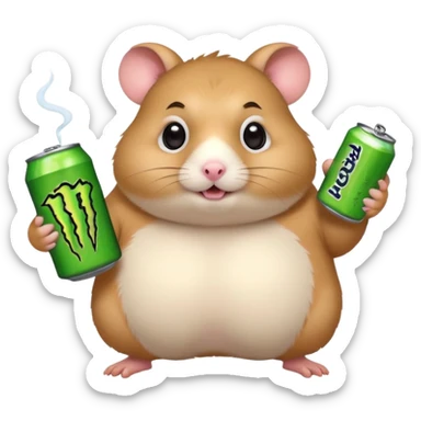 Funny cartoon-style fat hamster with big wide eyes  holding a can of monster energy in one hand and redbull in the other hand sticker