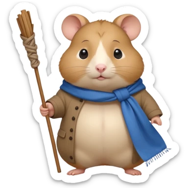Cute fat cartoon-style hamster, standing upright like a traveler, carrying a stick with a tied blue cloth bundle (bindle) over its shoulder. Painted in a soft, hand-drawn style with light shading, expressive big eyes, and a slightly whimsical, melancholy expression. sticker