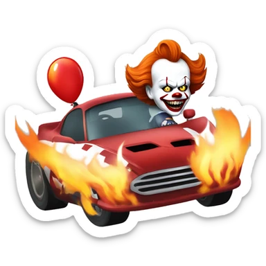 pennywise driving a race car with flames in the background sticker