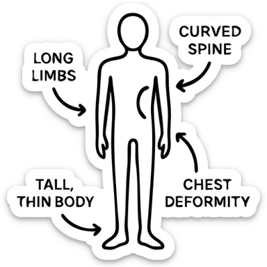 outline illustration of a Marfan syndrome patient, emphasizing long limbs, tall thin body, curved spine, and chest deformity, with labeled arrows, suitable for educational use sticker