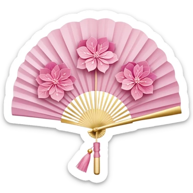 Japanese style pink hydrangea (ajisai) flower arranged like traditional uchiwa fan design, with gold accents, rinpa style pattern background, elegant composition sticker