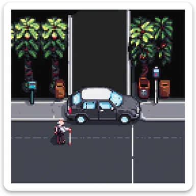 a blind person with a white cane walking on a pavement, but a car is parked blocking the path, pixel art style sticker