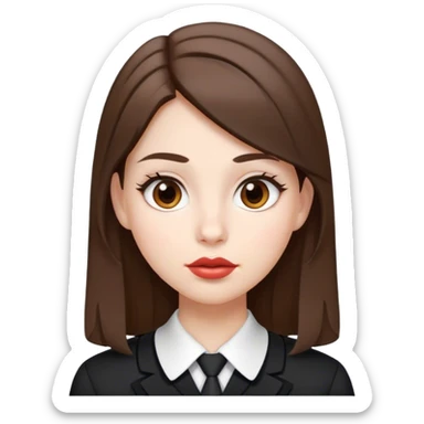 IOS emoji women, White skin, medium-length brown hair, brown eyes, big lips, in black and white school uniform sticker