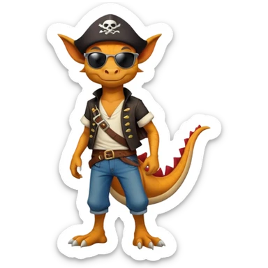 friendly anthropomorphised dragon in a band t-shirt and jeans wearing a pirate eye-patch walking upright sticker
