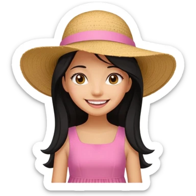 Girl in pink dress and sunhat smiling, black 2 string dress, blakc hair sticker