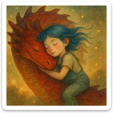 A dreamy, ethereal illustration of a young girl peacefully sleeping on the long, curved neck of a red dragon, cheek to cheek. Her blue hair flows gently as if caught in a soft breeze, and she wears delicate green overalls. The dragon’s skin has intricate, painterly textures, glowing subtly under the warm, golden light. Tiny fireflies and soft, ambient light enhance the magical atmosphere. Highly detailed, whimsical, children's book illustration style, with soft yet rich colors, gentle lighting, and a fantasy storytelling feel. Watercolor-like textures, hand-painted aesthetics, cinematic composition. sticker