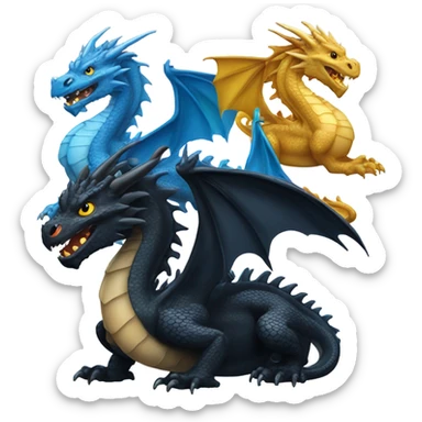 a big black dragon with a big blue dragon that is slightly smaller and then a golden small dragon in front sticker