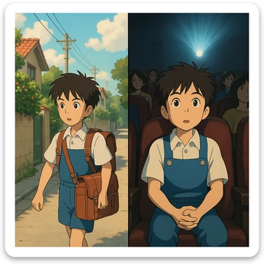 Split frame showing the same anime character from the reference image in two different situations: left side, he is going to class with a school bag; right side, he is watching a movie in a movie theater. Studio Ghibli style, warm lighting, detailed backgrounds. sticker