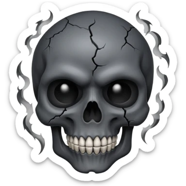 iOS style emoji, dark fantasy skull, cracks, black smoke from eyes, soft light, stylized sticker