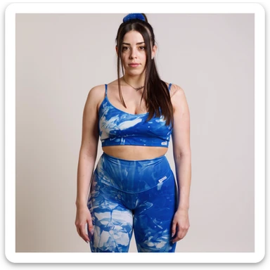 Realistic style image of a woman in sportswear inspired by the two reference photos, showing diffuse water retention on the entire leg with visible subcutaneous fluid accumulation. Clear anatomical details, front view, neutral background, medical realistic appearance. sticker