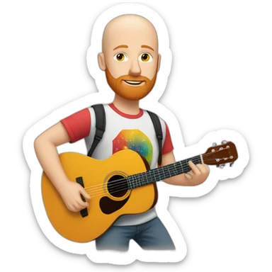 white bald guy with ginger beard playing acoustic guitar wearing a colorful t shirt sticker