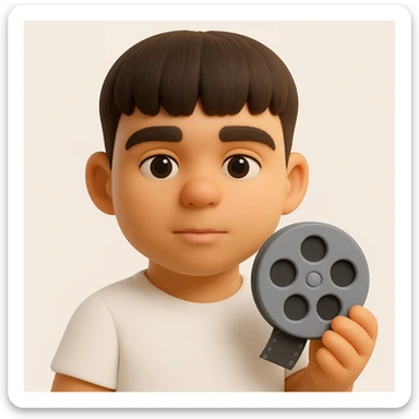 Create a 3D emoji style image of the person in the reference photo, wearing a white shirt and holding a cinema symbol such as a film reel or clapperboard. The style should emulate the microsoft style 3d fluent emojis with a focus on 3D appearance and details. sticker