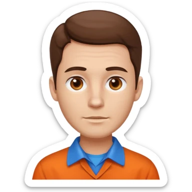 male, white skin, brown hair, brown eyes, orange shirt and blue collarbone, no wrinkles sticker