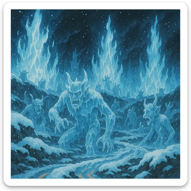 a dramatic scene of hell freezing over, with icy flames, frozen demons, and snow-covered lava, in ghibli style, highly detailed, atmospheric sticker