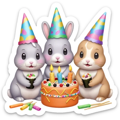 four bunnies together eating sushi at a birthday party, pastel colors, cute, party hats, streamers, confetti, sushi, birthday cake, festive, varied arrangement, emoji style, all four bunnies clearly visible sticker