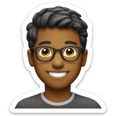smiling boy with glasses indoors with moustache sticker