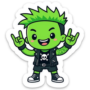 smiling punk guy with green irochese showing horns (sticker style) sticker