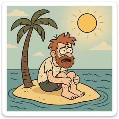 stranded man on island with sun overhead in flat toon style sticker