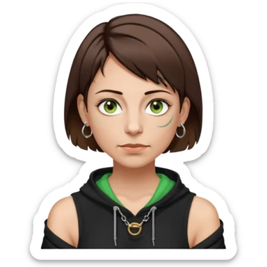 a girl in her 40s, short brown hair with sidelocks going to her chin, green-brown eyes, wearing one shoulder black hoodie and tanktop, septum ring, 3 rings in left ear, 2 in right ear sticker