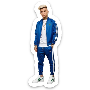 Capelli rasati ai lati con sfumatura, sopra corti e fissati con gel. Look curato e deciso. Indossa tuta firmata (Nike, Adidas, Lacoste, EA7) o jeans skinny, scarpe vistose come Air Force 1. Sempre presenti borsello a tracolla e collana d’oro E tatuaggi d’appertutto sticker