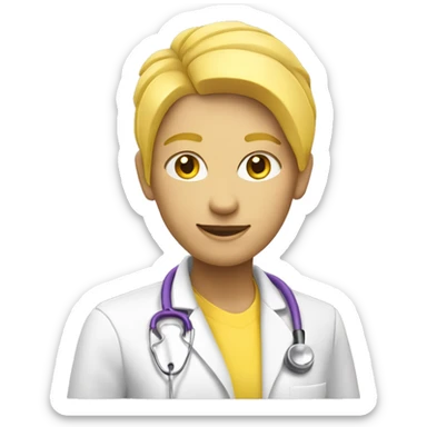 IOS-style emoji a yellow-skinned health worker, she has yellow hair, yellow skin, a purple shirt, and a white jacket, she is wearing a stethoscope. Minimalism concept. Vector Style. Subtle Shading. Subtle 3D style look sticker
