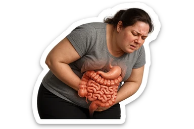 DONNA LEGGERMENTE SOVRAPPESO PIEGATA IN AVANTI CON INTESTINO ANATOMICO IN EVIDENZA, MAL DI PANCIA iperrealistico 4k sticker