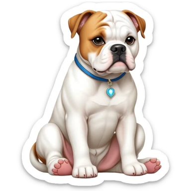 cinematic-[american bulldog]-realistic-full-body-sitting-emoji,-tail-resting-loosely-beside-its-paws,-head-tilted-dramatically,-sleek-[solid white]-fur,-simplified-yet-realistic-focused-features,-highly-detailed,-glowing-with-an-almost-sarcastic-glow sticker