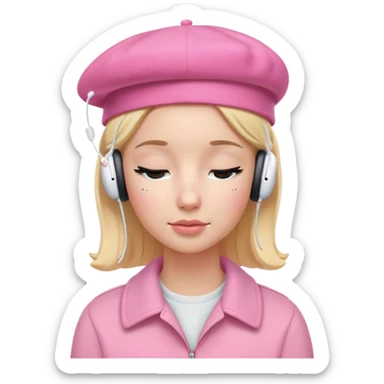 blonde American girl wearing a pink beret and AirPods Max headphones, listening to music with closed eyes sticker