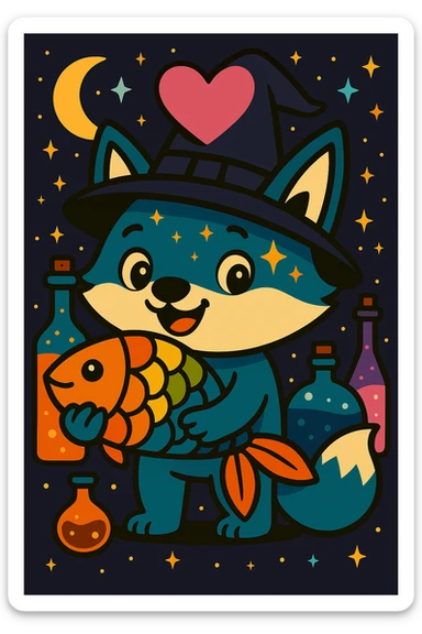 Add a classic black witch hat to the blue fox, keep the magical, witchy background and big pink heart, in vibrant toon style. sticker