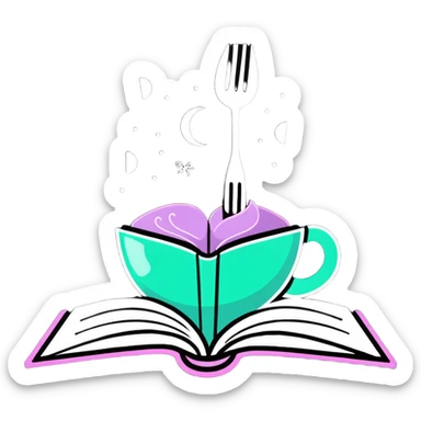 Mystical cookbook with glowing fork and spoon symbol on its cover, radiating magical light and surrounded by floating sparkles sticker