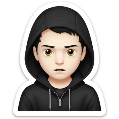 Vampire boy with the short black hair, pale scin, black eyes, little fangs and dark circles under his eyes. He has serious face and he wear a black hoodie sticker