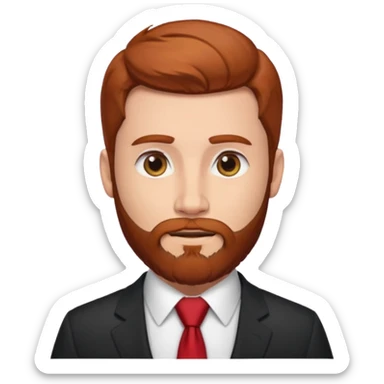 ["Fair-skinned man with reddish-brown hair and a full beard, wearing a suit and red tie."] sticker