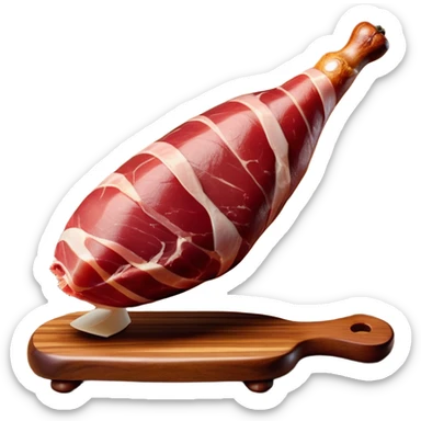 _cinematic-realistic-spanish-ham-leg,-depicted-as-a-massive,-cured-leg-of-jamón-serrano-(ham)-with-a-deep-reddish-brown-hue on the outside,-intricately-marbled-and-slightly-glossy-with-age,-elegantly-displayed-on-a-rustic-wooden-stand-and-bathed-in-warm - jamon prosciutto sticker