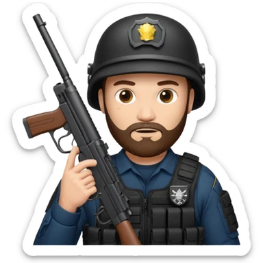 SWAT member with white skin and brown beard and gun sticker