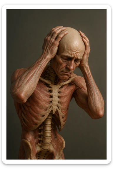 CORPO UMANO ANATOMICO con spina dorsale in evidenza, molto stanca e stressata mentre si tiene le mani sulla testa, IPERREALISTICO 4K sticker