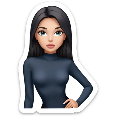 Glamours, tanned, very beautiful girl, with big pump peach-beige-rose lips, long long lashes, black straight smooth silky long hair, straight parting hair, blue-grey eyes in black long-sleeves bodysuit sticker