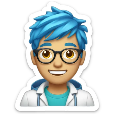 A boy with blue hair, round glasses and a dental appliance behind a computer sticker