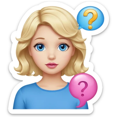 Girl Blonde short wavy hair,  blue eyes, cute blue top, long lashes, pink lips, question mark bubble sticker