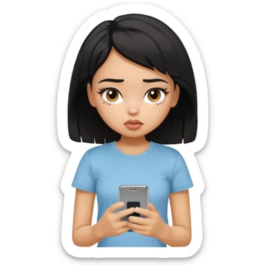 generate a pretty bratz girl with short black messuy hair, looking tired and using her phone sticker